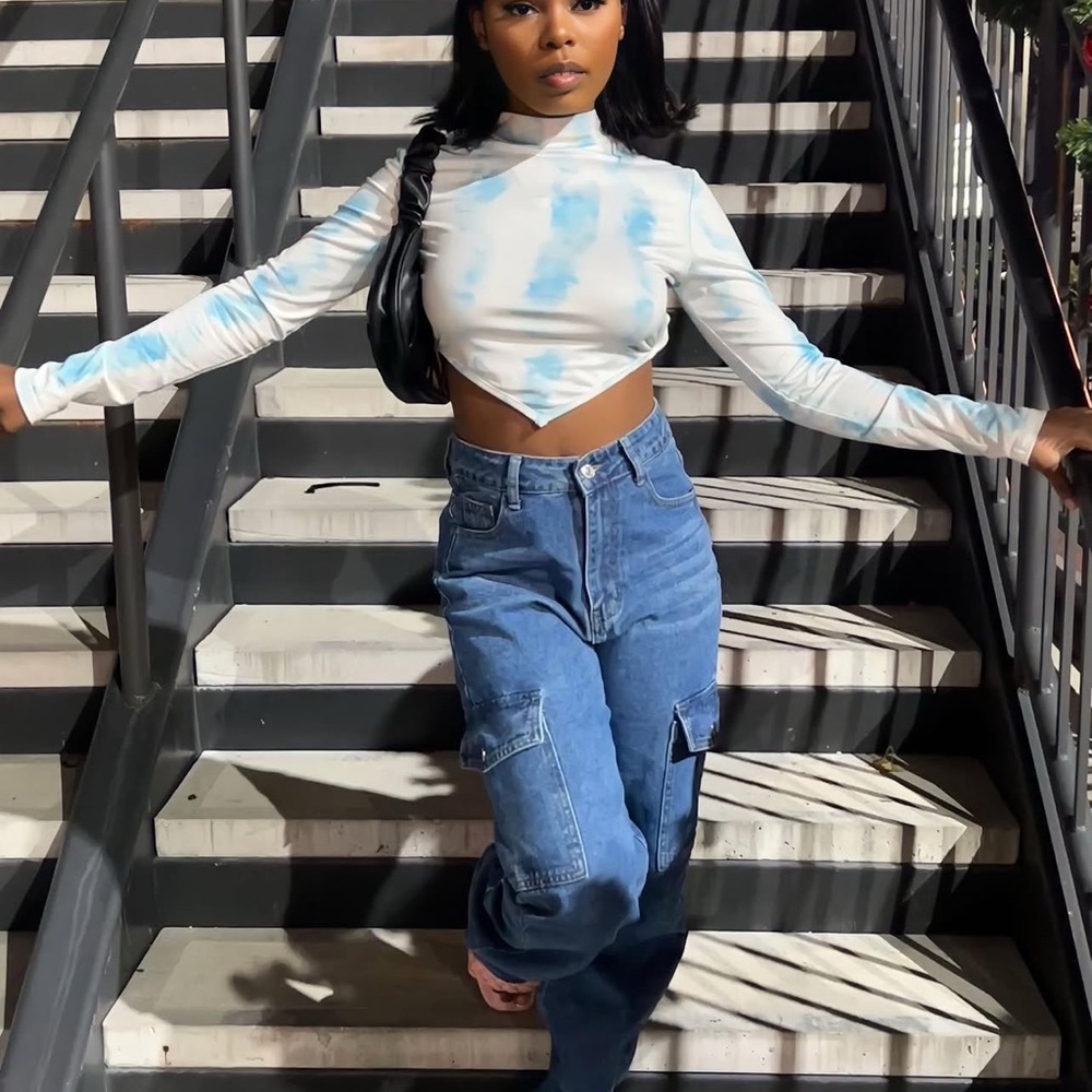 Blue Tie-Dye Crop Top and Blue Cargo Jeans